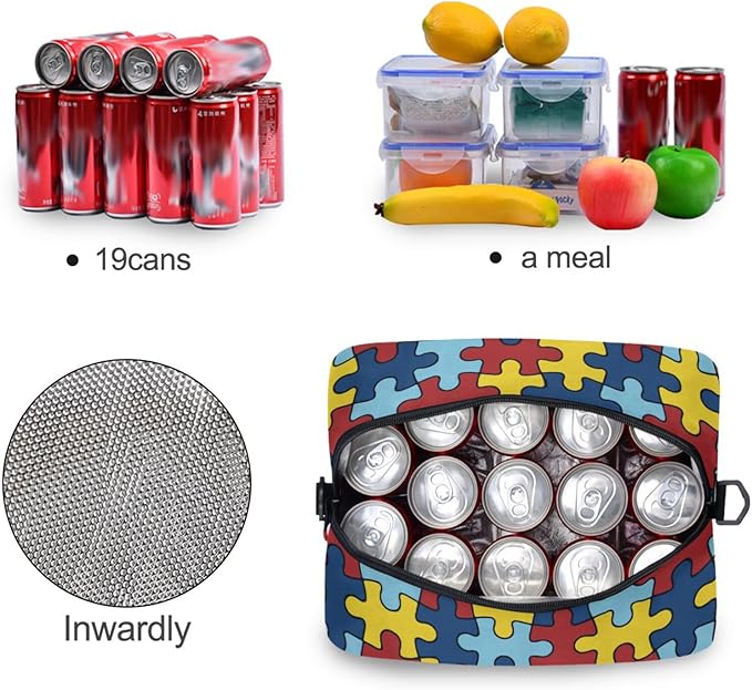 CBBYY Autism Awareness Colorful Puzzle Piece Lunch Bags for Women Men, Reusable Insulated Lunch Box, Adjustable Shoulder Straps Tote Lunch Bag for Work Picnic School