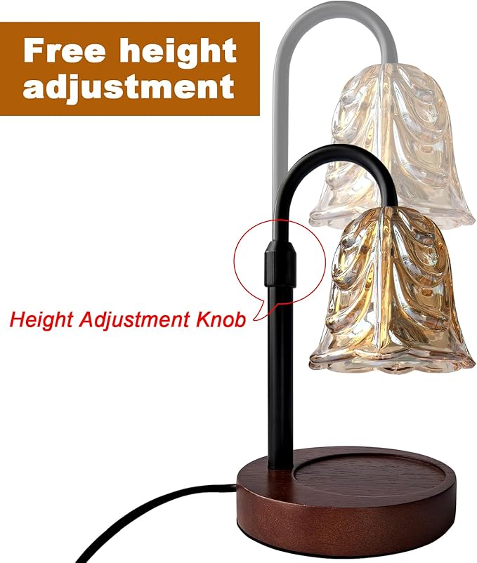 ANFOOS Candle Warmer Lamp with Timer and Dimmer, Flower Glass Shade Adjustable Height Flameless Wax Melt Warmer for Home Office Decor, 4 Brightness Mood Lighting, Includes 2 GU10 Bulbs