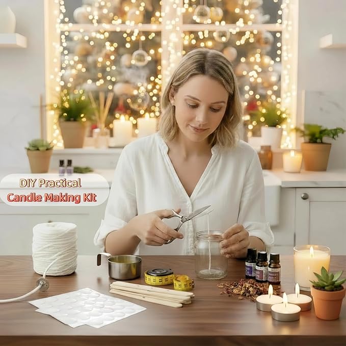 【262 Feet】 Candle Wick with 125 Pcs Metal Candle Wick Sustainer Tabs, 80Pcs Candle Wick Stickers and 5Pcs Wooden Candle Wick Centering Device, 80m Natural Cotton Candle Wicks for Candle Making Kit