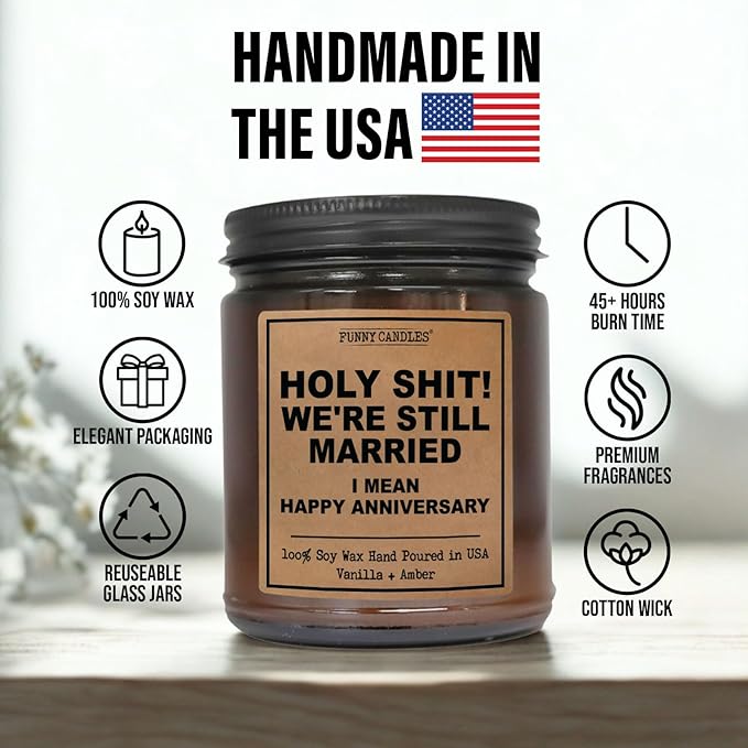 Funny Anniversary Candle Gift for Her, Him - We're Still Married -Funny Anniversary Present for Husband, Wife, Couple - Vanilla Sandalwood Scented Soy Candle in 9 oz. Amber Jar, Gift Box Included