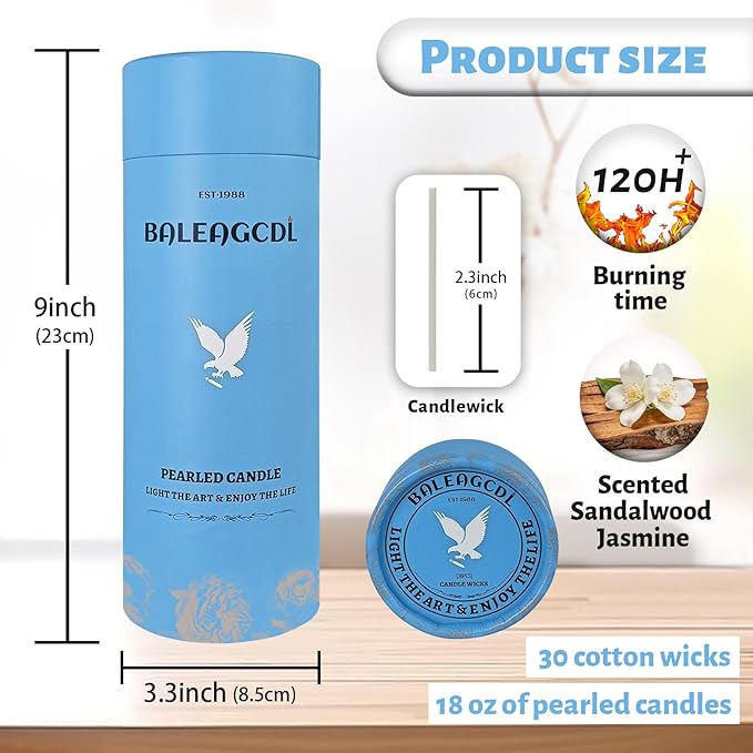 Sandalwood & Jasmine Scented White Pearled Candle 18oz Luxury Sand Candle Granulated Wax - 30 Cotton Wicks – Wax for Candle Making Decorative Candles Smooth and Clean Burning Lasts up to 120 Hours