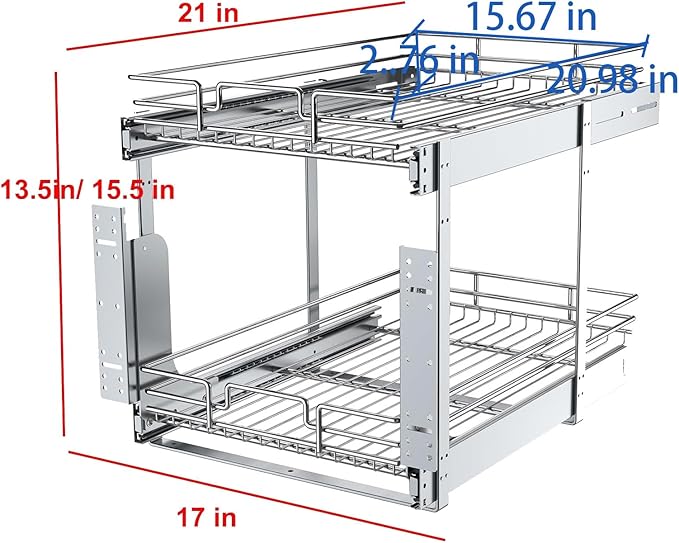 2 Tier Pull Out Cabinet Organizer, 17" W x 21" D Heavy-Duty Metal Sliding Drawer Shelf for Kitchen Cabinets, Chrome, Doesn't Include Door Fittings
