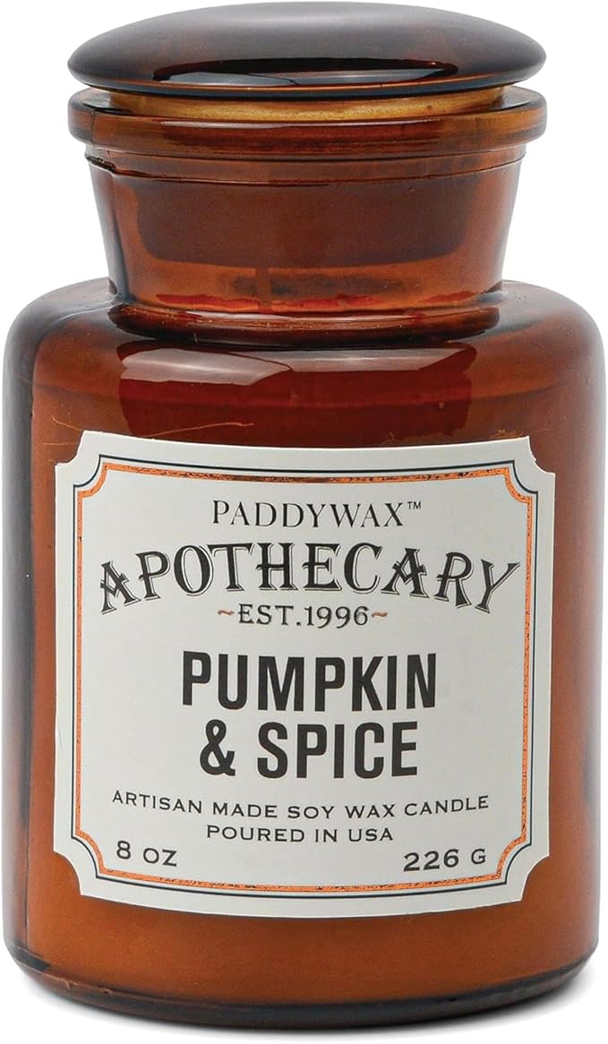 Paddywax Artisan Apothecary Scented Candle with Lid in Reusable Glass Jar, Clean-Burn Soy Candle with Approx. 54 Hour Burn Time, Pumpkin & Spice, 8 oz.