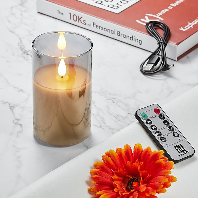 Flickering Flameless Candles, Rechargeable Battery Operated Candles with 3D Wick, Last 1000+ Hours LED Candle with Remote and Timer, Real Wax Candle, Grey Glass for Home, Christmas 3" x 6"