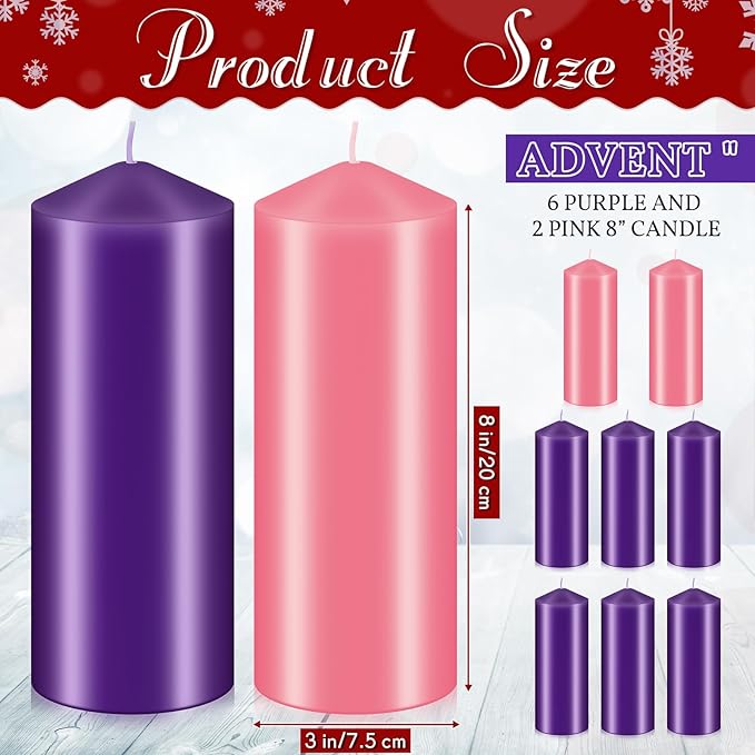 Amylove 8 Pcs 3 x 8 Inch Advent Pillar Candles Set Pink Purple Christmas Unscented Lasting Burning Church Candles for Advent Wreath Holiday Gifting