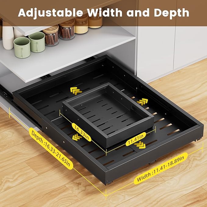 Upgrade Pull Out Cabinet Organizer, Expandable Width (11.4"-18.9") Depth (16.3"-21.7") Pull out Drawers for Cabinets with 3 Rails, No Drill Adhesive Film or Nail Slide out Drawers for Kitchen, Pantry