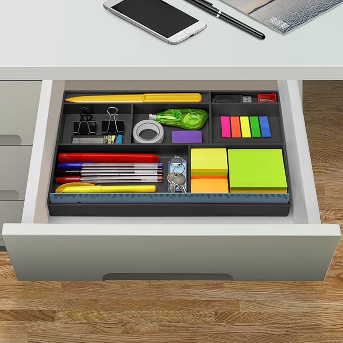 Acrimet Desk Drawer Organizer Tray with 8 compartments Bin Multi-Purpose for Desk Supplies and Accessories (Plastic) (Black Color)