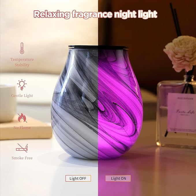 Inrorans Glass Electric Wax Melt Warmer Oil Burner with Stable Heating PTC Reusable Silicone Tray 7 Colorful Changing Led Light Night Light Scent Warmer for Home Fragrance Warmers-Ink Painting Timer