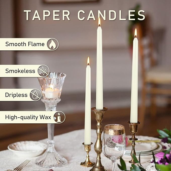50 Pack Ivory Taper Candles 10 Inch - Classic Soft White Dinner Candles, Dripless Unscented Premium Wax with Cotton Wick, 8-Hour Burn Time for Wedding, Vintage & Formal Table Decor