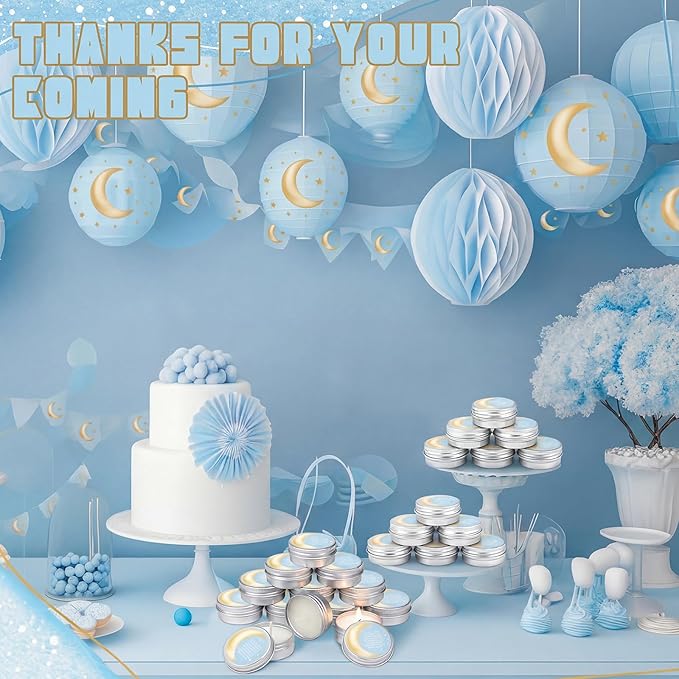 MTLEE 50 Pcs Over The Moon Baby Shower Candles 1 Oz Moon and Star Baby Shower Favors Gift Travel Tin Candle Aromatherapy Favors (Light Blue)
