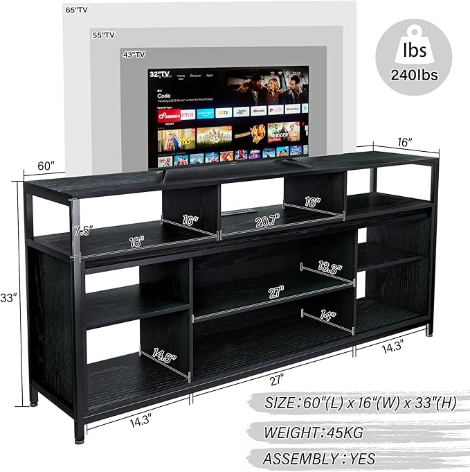 Mid Century Modern Black TV Stand with Sliding Barn Doors, Charging Station, LED Lights, and Storage Shelves for up to 70 inch TVs