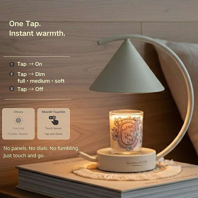 Bamboo&Life® Moonlit TouchOn Candle Warmer Lamp,4-Pc Eco-Luxury Set,Authentic Japan Moon Design,US Brand,UL&ETL Certified Components,Real Bamboo Base,Touch Dimmer,Birthday&Housewarming Gift,Home Decor