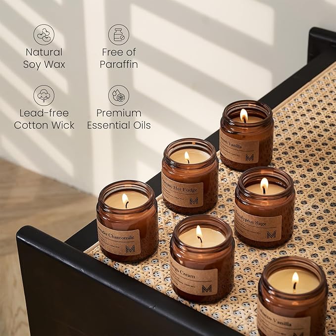 M&SENSE 6 Pack Christmas Candle Gift Set, Aromatherapy Candle Gift for Men and Women, Soy Wax Candles Home Scented, Long Lasting Amber Jar Xmas Candles for Christmas, Thanksgiving, Holiday