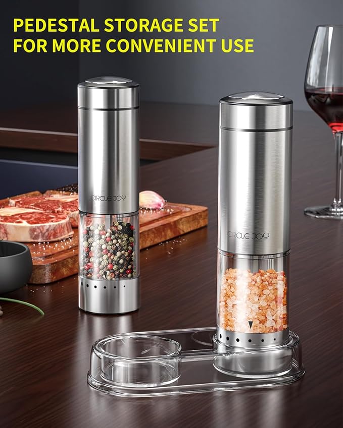 CIRCLE JOY Battery Operated Electric Salt and Pepper Grinder Set with Base, Stainless Steel Pepper Mills with 95ml Container, White LED Light and External Adjustable Coarseness, Silver