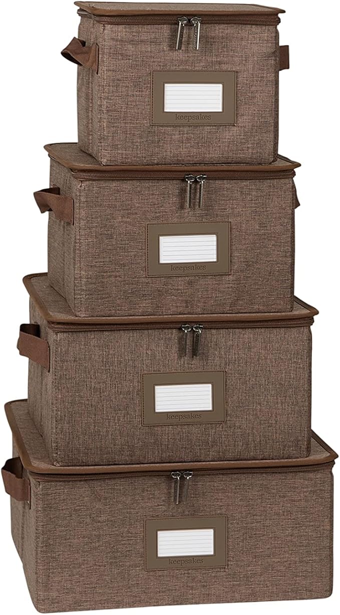 Covermates Dish Storage Box Set – China & Dinner Plate Storage Containers with Felt Dividers, Dual Zippers, Reinforced Handles, ID Window & Stackable Design, Brown Heather