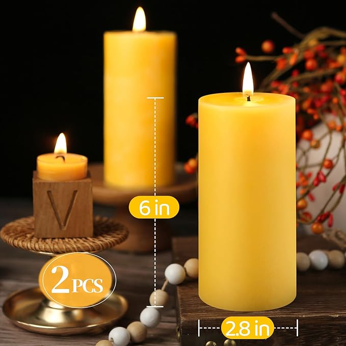 Natural Beeswax Pillar Candles,100% Pure Beeswax Candles-190 Hours Long Burning,Unscented Bees Wax Candles for Home,Prayer,Emergency,Dripless Smokeless Organic Pillar Candles Bluk-2.8x6in-2pack