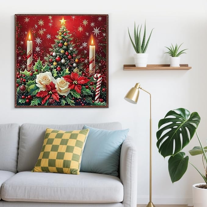 Christmas Tree Candle Flower Diamond Painting Kits for Adults,5D Diamond Art Kits for Adults Beginners,DIY Full Round Drill Diamond Dot Painting Gem Art Kits for Adult,Home Wall Decor 13.8x13.8 Inch