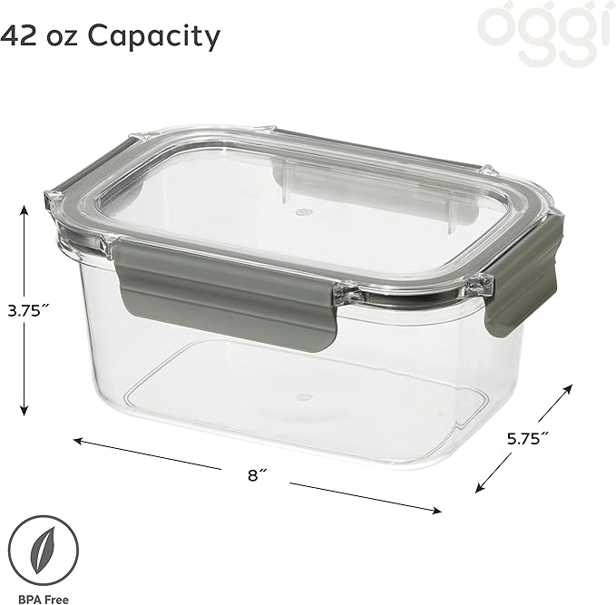 Oggi Clarity Leak-Proof Airtight Food Storage Container - Ultra clear, BPA free, Sealable Container with Lid, Ideal for kitchen storage, Kitchen Organization, Perfect Meal Prep Containers. 42oz/1.2lt