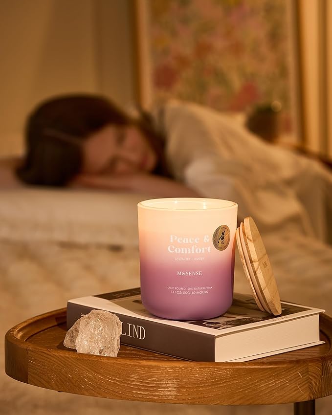 M&SENSE Lavender Amber Candle for Home Scented, 14.1oz Non Toxic 80 Hours Long Lasting Natural Soy Wax Aromatherapy Candle for Spiritual Healing & Stress Relief Gifts for Spa Yoga Meditation