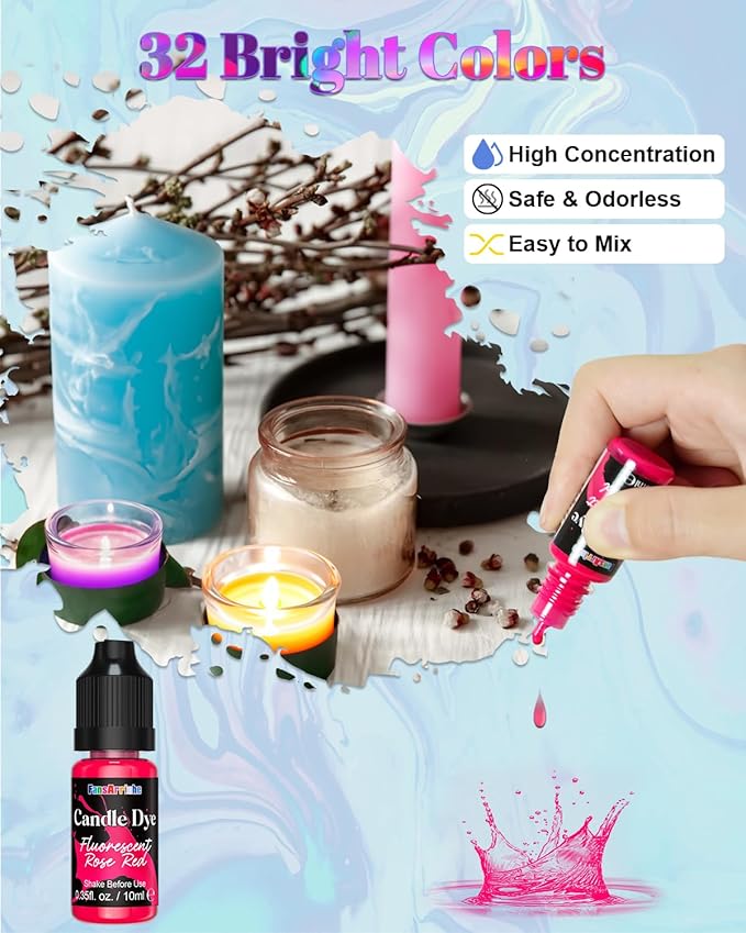 FansArriche Candle Dye - 32 Colors Liquid Oil-Based Dye for Candle Wax, Vivid Candle Color for DIY Candle Making, Highly Concentrated Natural Candle Color