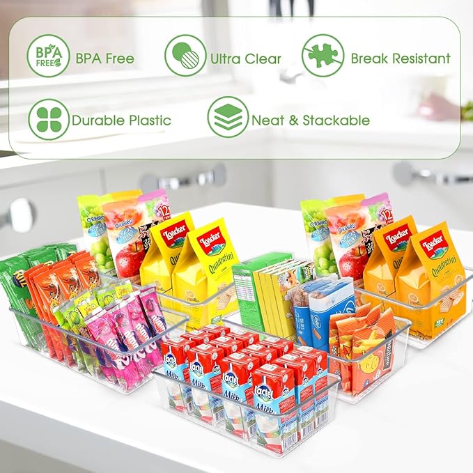 ZIZOTI Snack Organizer for Pantry Shelf, 4 Pack Clear Plastic Pantry Storage Bins with 3 Dividers for Snacks, Spices, Chips Food Organizer, Stackable Pantry Organizers for Kitchen, Fridge, Cabinet