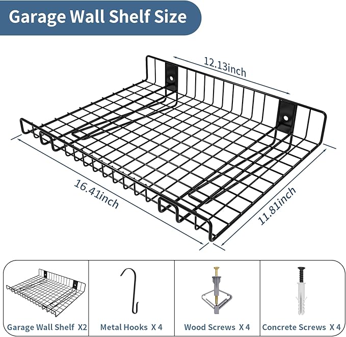 2 Pack Garage Wall Shelf, Wall Mounted Storage Shelves, Heavy Duty Metal Shelves for Room Wall, Loads 80 LBS Floating Shelves Mesh Storage Rack for Garage, Office, Basement,Wall Cabinet and Kitchen