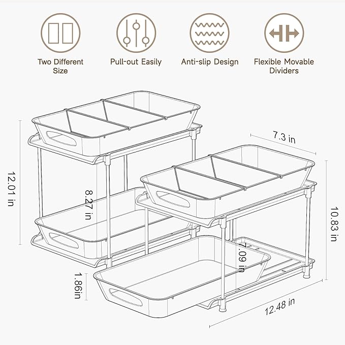 MHHA 2 Pack Bathroom Cabinet Organizer, 2 Tier Clear Under Sink Organizers and Storage Medicine Cabinet Organizer with Dividers, Pull Out Kitchen Pantry Shelf Cupboard Closet Vanity Organization Bins