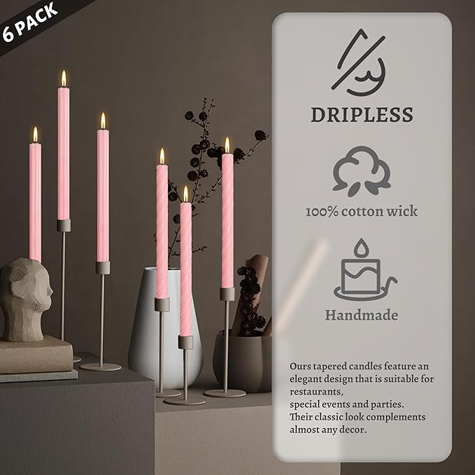 Dripless Unscented Pink Spiral Taper Candles Smokeless Long Lasting Burn 10 Inch Elegant Roman Column Candlesticks for Home Wedding Decorations
