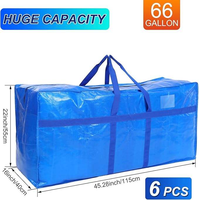 4 Pcs 66 Gallon Extra Large Moving Bags Heavy Duty Storage Bag with Strong Zipper Handle Foldable XXL Jumbo Storage Tote Packing Moving Box for College Dorm Travel Cloth Duffle (Blue)