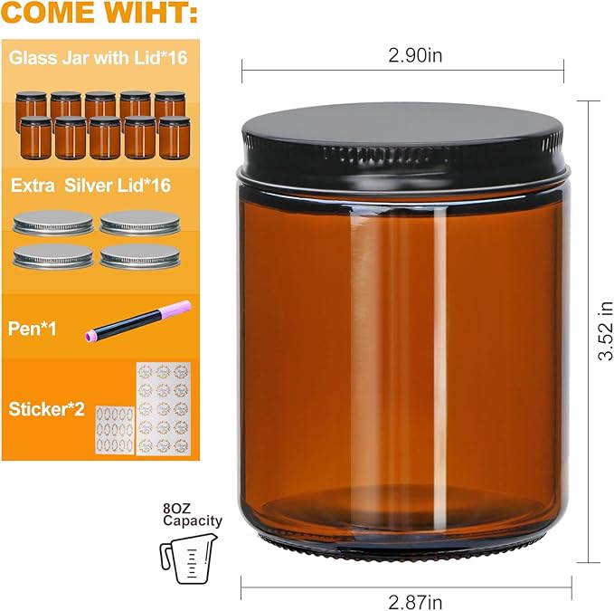 Salzesfalls 16 Pack Dark Amber Candle Jars for Making Candles,8 oz Glass Jars with Lids,Candle Jars with 16 Metal lids,Canning Jars For Candles,Spice,Powder,Liquid,Sample