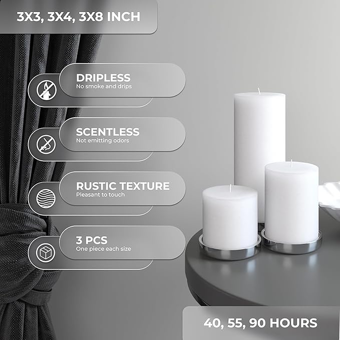 CANDWAX Assorted Pillar Candles Set of 3 – Sizes 3", 4", 8" Unscented Dripless Large Candles, Rustic Finish for Events, Weddings, Home Decor – White