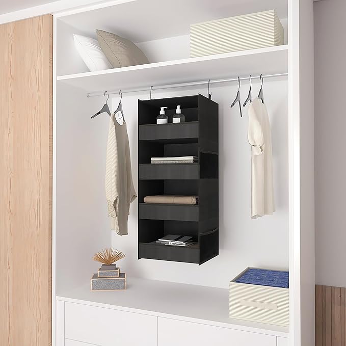 4-Shelf Hanging Closet Organizer and Storage Foldable Hanging Closet Shelves Front Lip Design Washable Hanging Storage, Black
