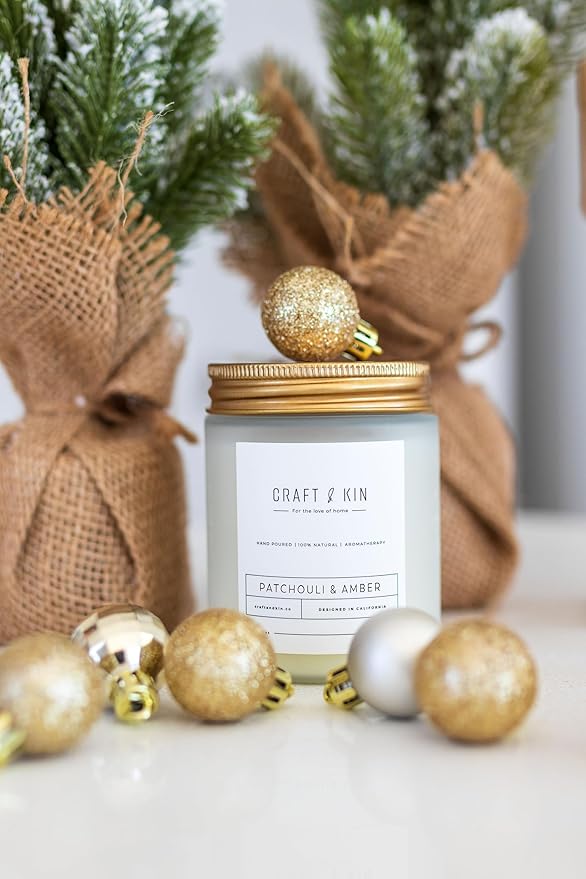 Craft & Kin Patchouli & Amber Scented Candle | 8 Oz, 45-Hour Long Lasting | Classic Soy with Woodwick Winter Candles | Made with Natural Soy | Holiday Candles Gifts for Men and Women