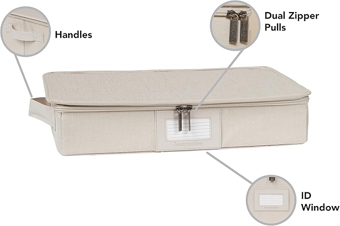 Covermates Keepsakes Zip-Top Storage Box Set, 3 Pack Heavy Duty Polyester Organizer Bins, Stackable Design, ID Window, Reinforced Handles, Closet Home Storage, Beige Heather