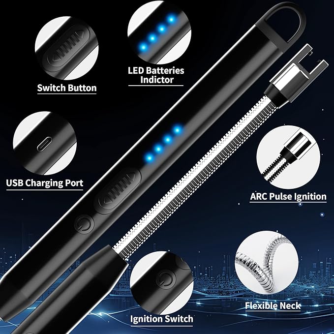 2-Pack Rechargeable Electric Candle Lighters, Flameless Windproof Long Lighter with 360° Flexible Neck and LED Display for Candles, Camping, BBQ & Fireplace (Black)
