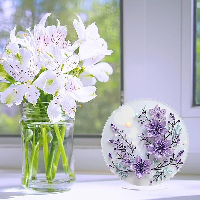 ARTopet DIY Diamond Desktop Ornament PET Irregular Shape Special Shaped Crystal Double Sided Pattern Single Sided Diamond Art Painting Tabletop Home Ornaments Decor (Purple Flowers02)