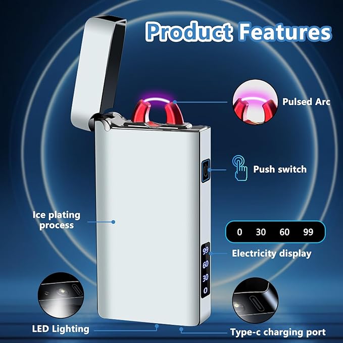 Electric Lighter Rechargeable USB Type C Lighter Plasma Arc Big Flame Lighters Windproof Electronic Cool Unique Lighters with Digital Power Display for Candle, Incense, Fireworks (Ice Silver)