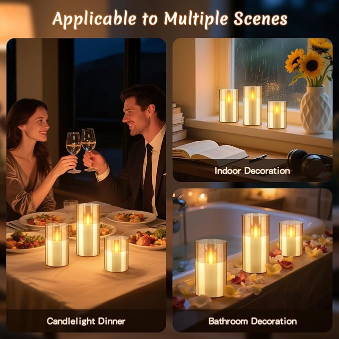 3PC Rechargeable Led Candles, Flameless Flickering with Remote & Timer, with Real Wax Candle in Glass Warm Color Light, Lasting for 200+ Hours for Festival, Party, Bedroom, Living Room Decor, Amber