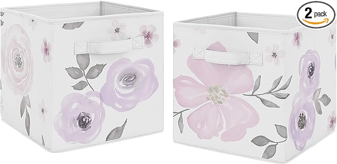 Sweet Jojo Designs Lavender Purple, Pink, Grey and White Organizer Storage Bins for Watercolor Floral Collection - Set of 2 - Rose Flower