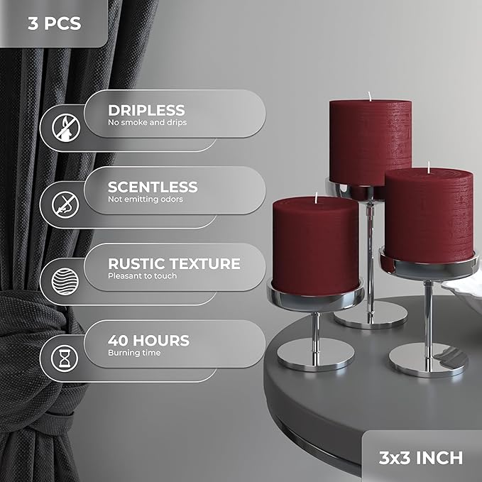 CANDWAX 3x3 Pillar Candles Set of 3 - Rustic Unscented No Drip Burgundy Candles for Home Decor, Weddings, Centerpieces