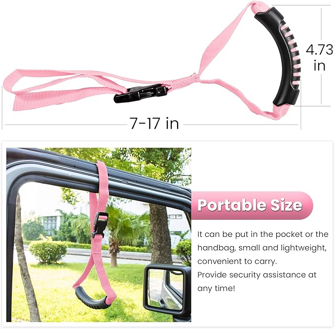 E-cowlboy Auto Cane Grab Handle - Adjustable Standing Aid Safety Portable Vehicle Support Bar With Nylon Grip - Mobility Assist Device (Pink)