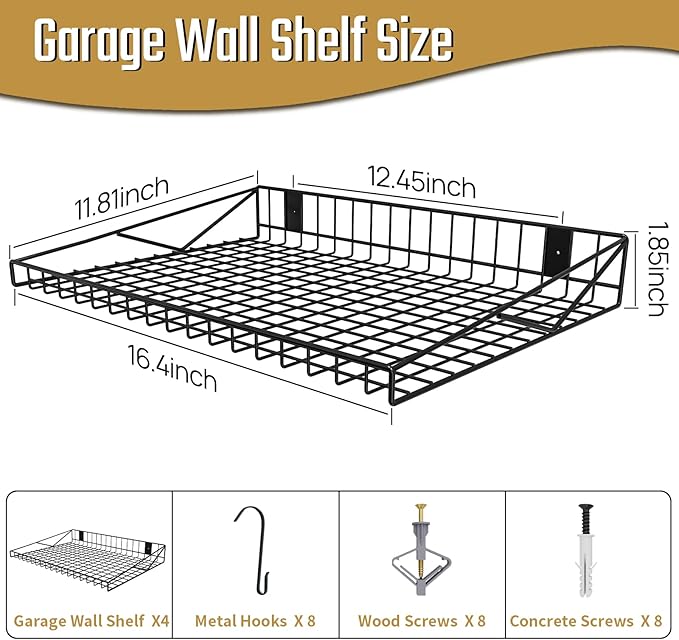 4 Pack Garage Wall Shelf, Garage Wall Mounted Shelving, Heavy Duty Floating Shelves With 8 Hooks, Loads 180 LBS Black Wall Shelves Mesh Storage Rack for Office, Basement, Wall Cabinet and Kitchen