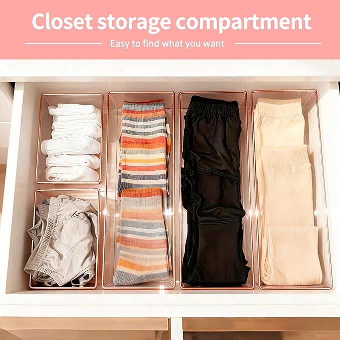 4 Pack Large Size Clear Stackable Drawer Organizer Trays, Rose Gold Rim Makeup Drawer Storage Tray Divider, Desk Storage for Makeup, Jewelry, Bathroom, Stationary, Kitchen Utensils and Office Desk