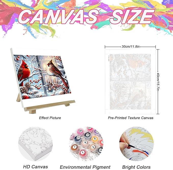 Christmas Paint by Numbers Kit for Adults Beginner , DIY Red Bird Paint By Numbers Kits, Easy Color Acrylic Paint On Canvas Candle Painting Kits Art,Home Wall Decor 12x 16 Inch (Without Frame)