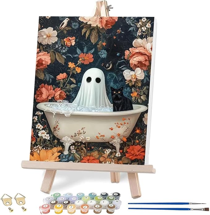 VIGEGU Ghost Black Cat Paint by Numbers Kit for Adults with Framed,Halloween Paint by Number DIY Adult Paint by Number Kits for Wall Decor 10x12in