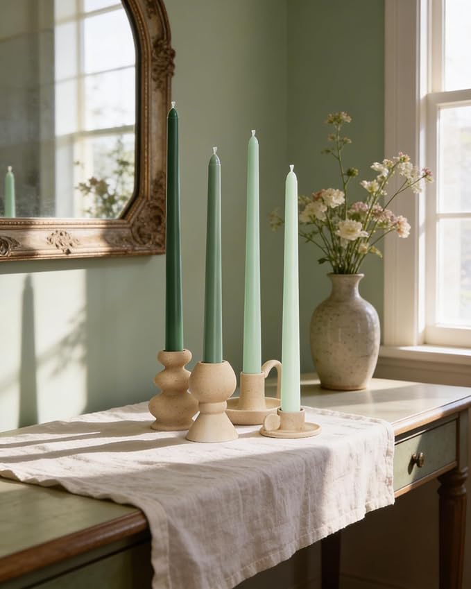 Viyffo Taper Candles, 12 Inch, 4 Pack, Green – Unscented, Smokeless Design, Up to 8-Hour Burn – Tall Candlesticks for Table Decor, Weddings & Dinners