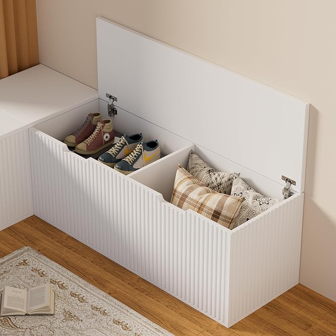 L-Shape Bench with Cushion,Backless Wood Kitchen Breakfast Corner Bench with Hidden Storage,Corner Dining Bench for Entryway,Dining Nook, Kitchen,Cloakroom,White
