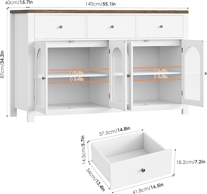 FINETONES Buffet Cabinet with Storage, 55.1" Large Sideboard Buffet Cabinet, Farmhouse Kitchen Cabinets with 3 Drawers and 4 Doors, Wood Coffee Bar for Kitchen Dining Room