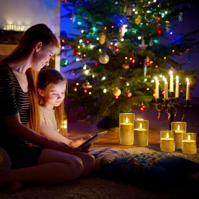 NICEME Amber Flickering Flameless Candles Battery Operated Acrylic LED Pillar Candles with Remote Control and Timer Flameless Halloween Candles for Thanksgiving Christmas New Year Home Decor, Set of 5