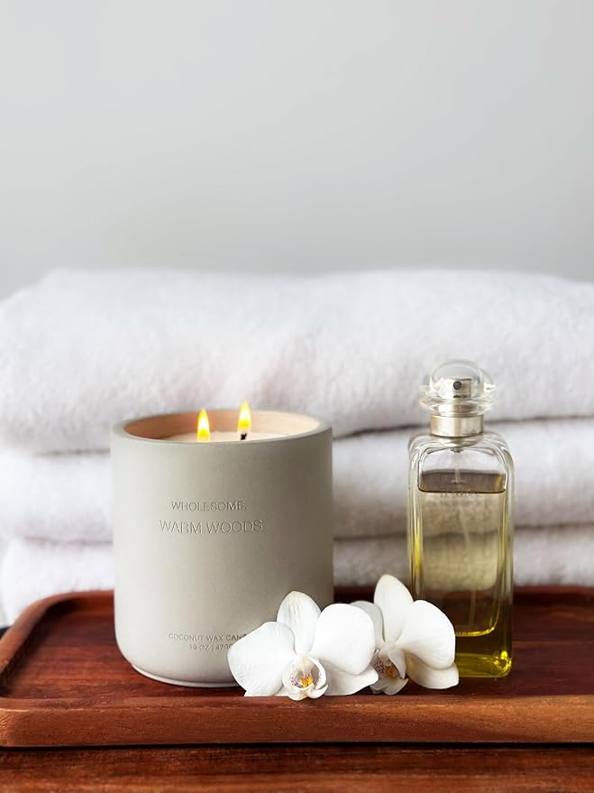 WHOLESOME. Warm Woods Scented Non-Toxic Candles for Home, 2 Wicks Natural Coconut Wax Candle Eco-Friendly, Luxury Aromatherapy Candles Stress Relief, 16 oz Large Concrete Jar, 90 Hours Burn